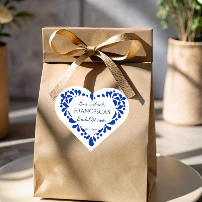 Mexican talavera blue bridal shower favour heart sticker (Mexican blue talavera bridal shower favor sticker heart shaped stickers personalized favor stickers)