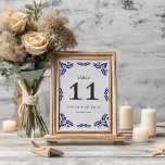 Mexican Talavera Blue Floral Minimalist Wedding Table Number<br><div class="desc">This Mexican Talavera Blue Floral Minimalist Wedding Table Number design features a minimalist approach with delicate, symmetrical blue floral motifs placed in each corner and along the edges. The small, leaf-like shapes create a sense of movement while maintaining an airy, open space in the centre, allowing for ample text placement....</div>