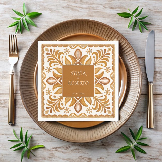 Mexican Talavera brown elegant wedding monogrammed Napkin (Mexican Talavera brown elegant wedding monogrammed personalized Napkins template table decor)