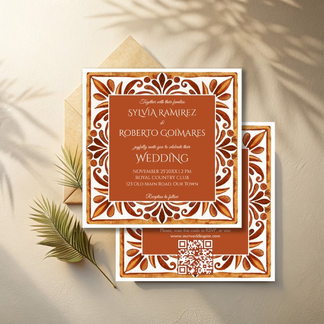 Mexican Talavera brown elegant wedding with RSVP Invitation (Terracotta Mexican Talavera elegant wedding Invitations with RSVP editable template instant download)