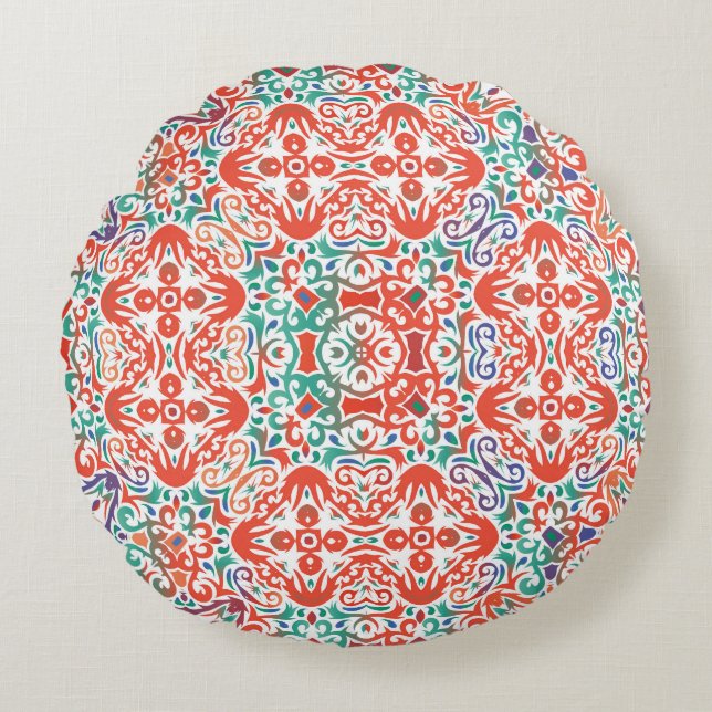 Mexican Talavera: Ethnic Tile Collage. Round Cushion (Front)