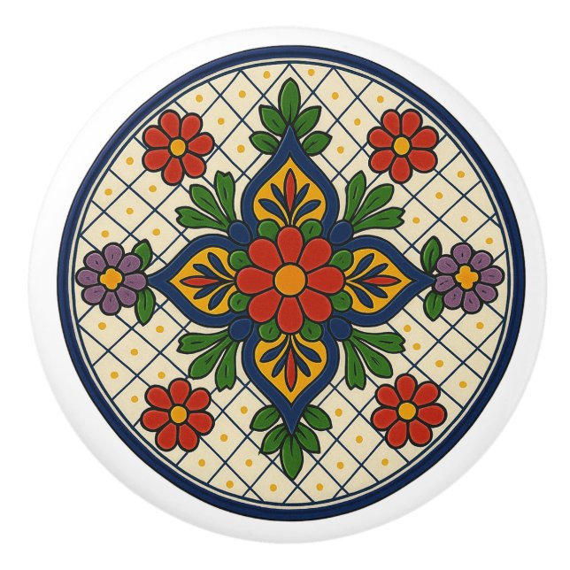 Mexican Talavera Fancy Floral Folk Art Grid Knob (Front)