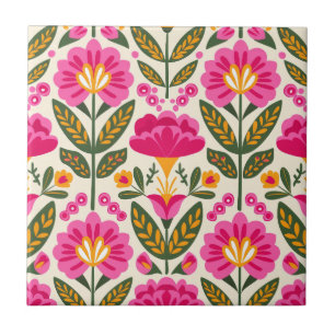 Mexican Talavera Flowers Fuchsia Pink Floral  Ceramic Tile