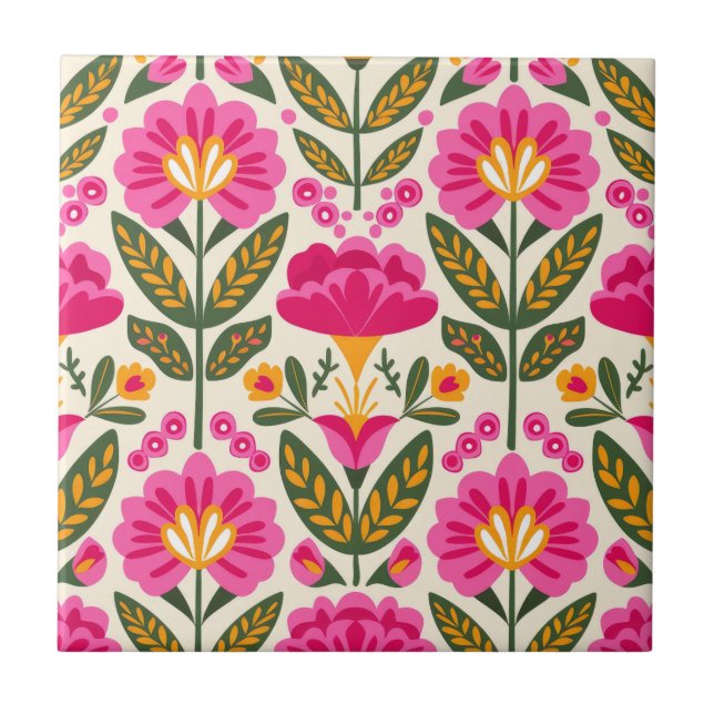 Mexican Talavera Flowers Fuchsia Pink Floral  Ceramic Tile (Front)