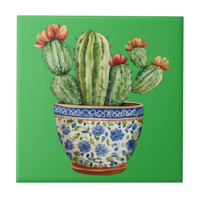 Mexican Talavera Hacienda Style Cactus Tile (Front)