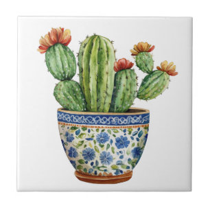 Mexican Talavera Hacienda Style Cactus Tile White