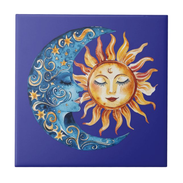 Mexican Talavera Hacienda Style Sun Moon Tile (Front)