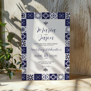 Mexican Talavera Majolica Navy Blue White Wedding Invitation