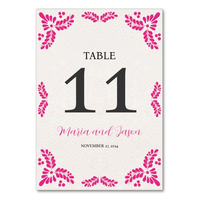 Mexican Talavera Pink Floral Minimalist Wedding Table Number (Front)