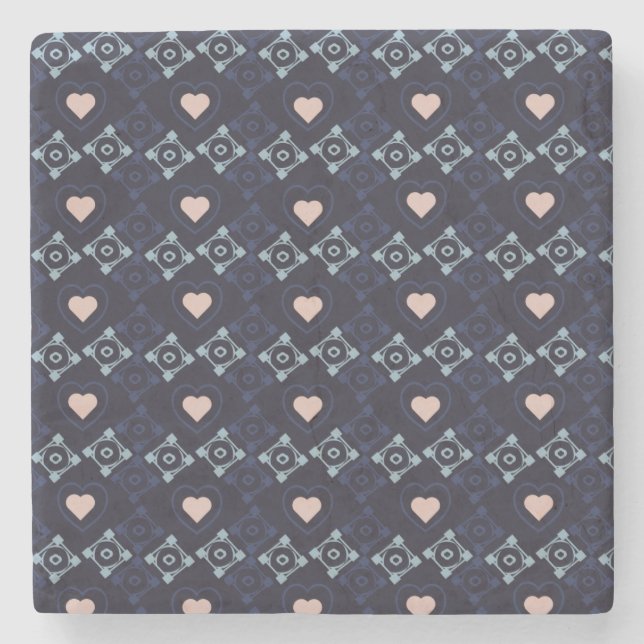 Mexican Talavera Pink Hearts Blue Pattern  Stone Coaster (Front)