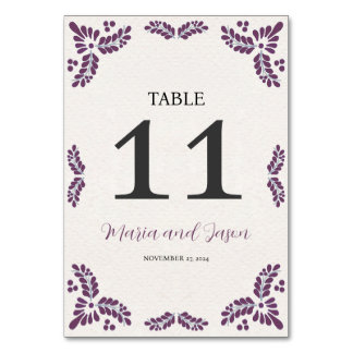 Mexican Talavera Purple Floral Minimalist Wedding Table Number