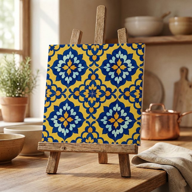 Mexican Talavera Spanish Azulejo Blue and Yellow Ceramic Tile (Creator Uploaded)