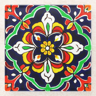 Mexican Talavera Terracotta Tile Design No. 2 Glass Coaster