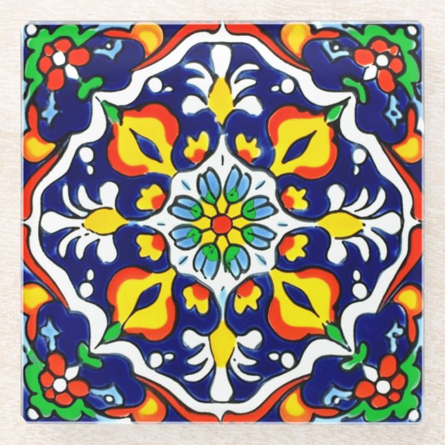 Mexican Talavera Terracotta Tile Design No. 3 Glass Coaster (Front)