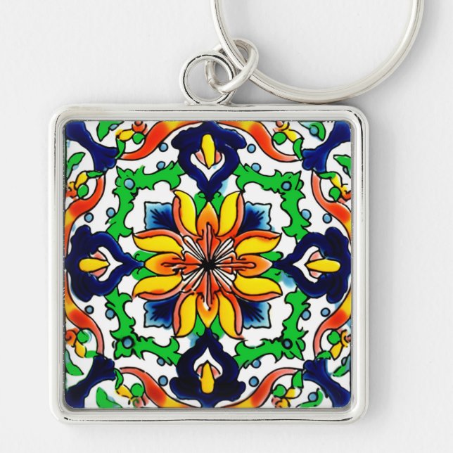 Mexican Talavera Terracotta Tile Design No. 6 Key Ring (Front)
