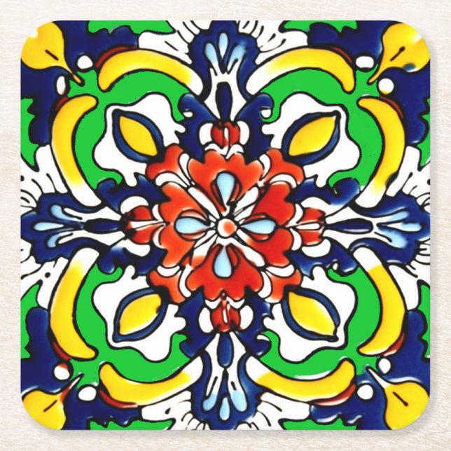 Mexican Talavera Terracotta Tile Design No. 7 Square Paper Coaster (Front)