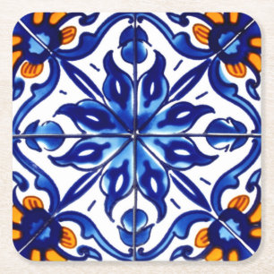 Mexican Talavera Terracotta Tile Design No. 8 Square Paper Coaster
