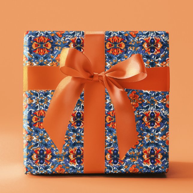 Mexican Talavera Tile Pottery  Orange Blue Wrapping Paper (Creator Uploaded)