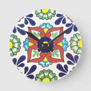 Mexican Talavera tile (red, green, yellow, blue) Round Clock