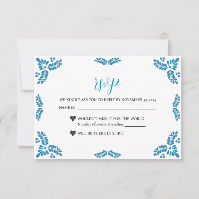 Mexican Talavera Turquoise Minimalist Wedding RSVP Card (Front)