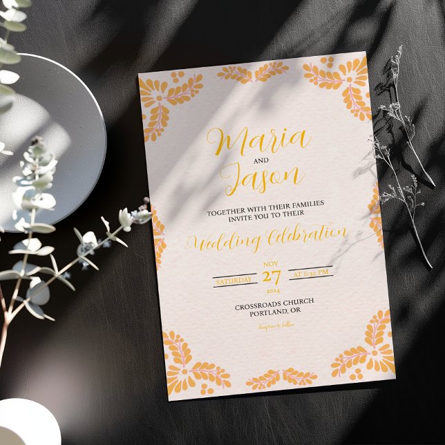 Mexican Talavera Yellow Floral Minimalist Wedding Invitation (Mexican Talavera Yellow Floral Minimalist Wedding Invitation)