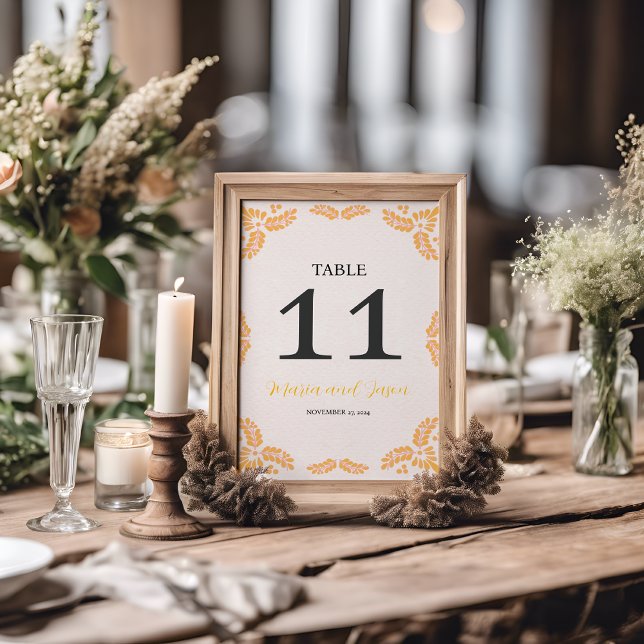 Mexican Talavera Yellow Floral Minimalist Wedding Table Number (Mexican Talavera Yellow Floral Minimalist Wedding Table Number)