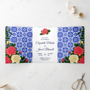 Mexican Tile Coral and Cream Roses Wedding Tri-Fold Invitation