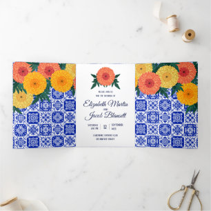 Mexican Tile Marigolds Wedding Tri-Fold Invitation
