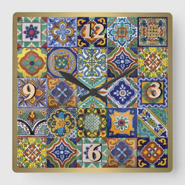 Mexican Tiles Square Wall Clock (Front)
