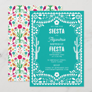 Mexican Traditional Floral Fiesta Teal Birthday Invitation