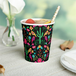 Mexican Traditional Folk Art Bright Colors Black Paper Cups