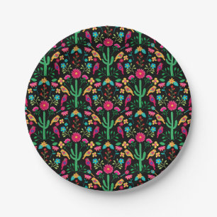Mexican Traditional Folk Art Bright Colors Black Paper Plate