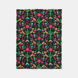 Mexican Traditional Folk Art Bright Colours Black Fleece Blanket