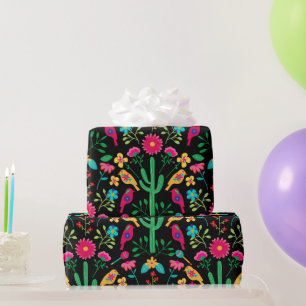 Mexican Traditional Folk Art Bright Colours Black Wrapping Paper