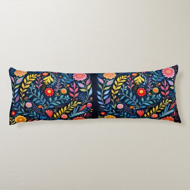 Mexican Tribal blue tapestry floral body pillow. Body Cushion (Back)