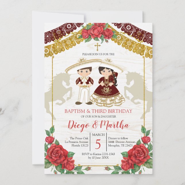 Mexican Twin Burgundy Red Baptism and Birthday Invitation (Front)