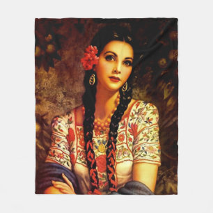 Mexican Vintage Pin-Up Girl with Long Braids   Fleece Blanket