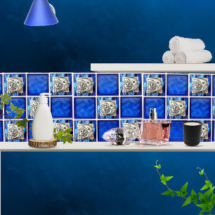 Mexican Vintage Silver Moon & Sun on Blue Ceramic Ceramic Tile