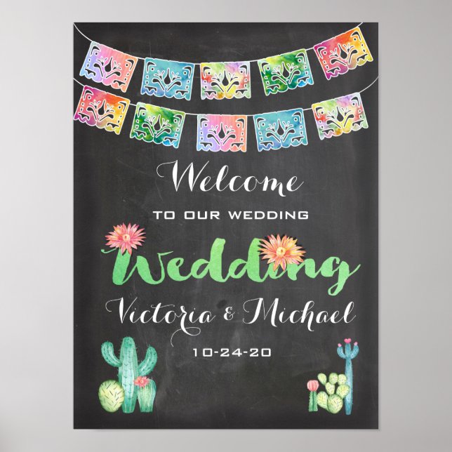 Mexican Watercolor cactus banner Wedding Sign (Front)