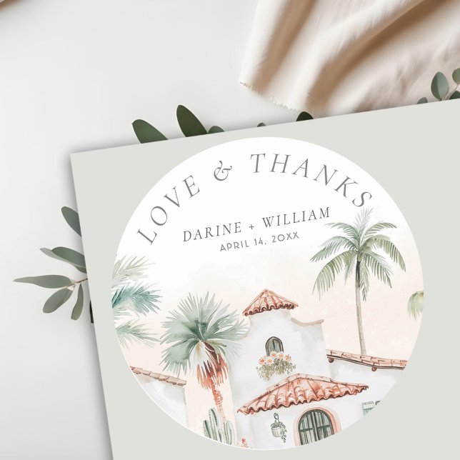 Mexican Watercolor Palm Tree  Destination Wedding Classic Round Sticker (Creator Uploaded)