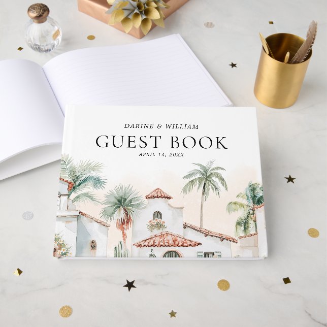 Mexican Watercolor Palm Tree  Destination Wedding Guest Book (Front Open)