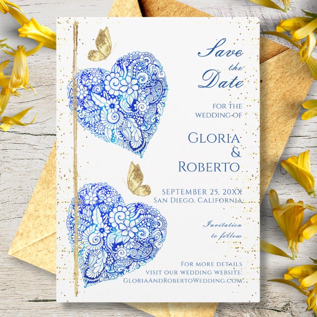 Mexican Wedding Blue Hearts Save the Date Card (Creator Uploaded)