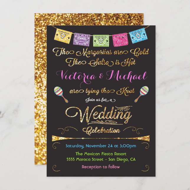 Mexican Wedding Fiesta Gold Glitter invitations (Front/Back)