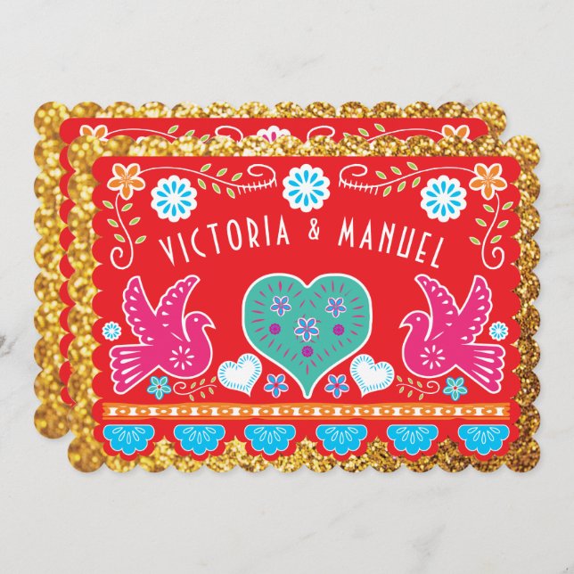 Mexican Wedding Papel Picado Gold Glitter Invitation (Front/Back)