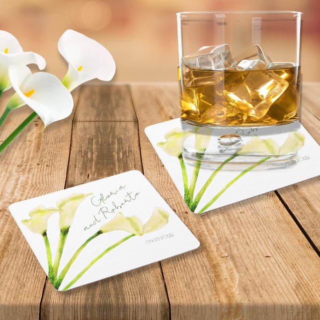 Mexican Wedding Rehearsal Dinner Calla Lily Square Paper Coaster (Creator Uploaded)