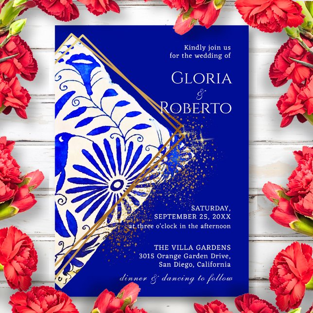 Mexican Wedding Talavera Blue Golden Elegant  Invitation (Creator Uploaded)