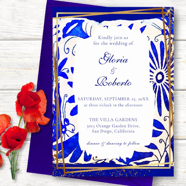 Mexican Wedding Talavera Blue & Golden Invitation (Creator Uploaded)
