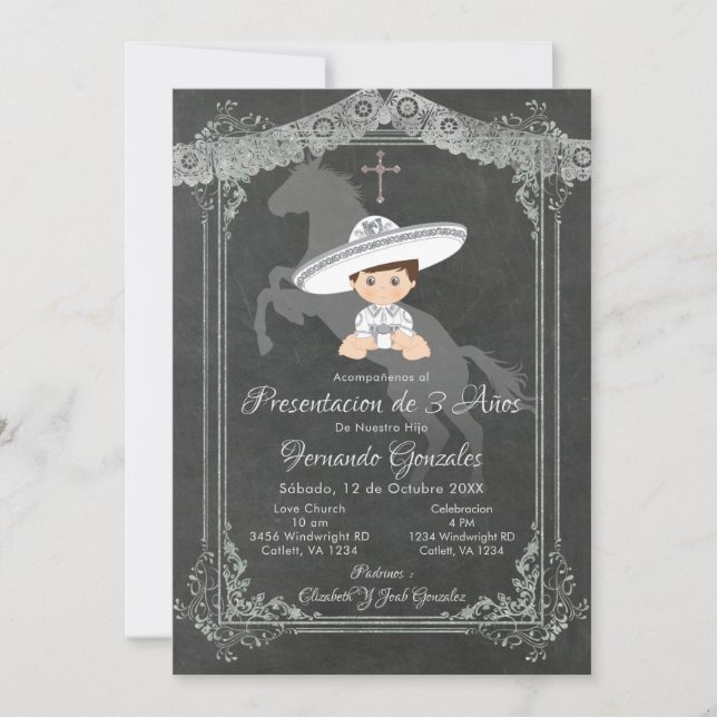 Mexican White Sylver Tres Anos Boy   Invitation (Front)