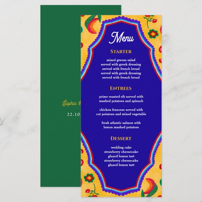 Mexican yellow wedding menu (Front/Back)