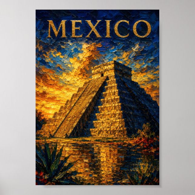 Mexico: Aesthetic Sunset Chichen Itza Art Souvenir Poster (Front)